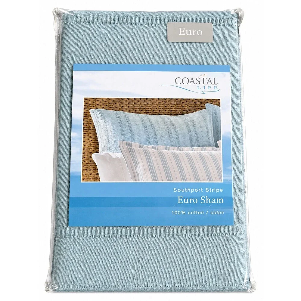 Coastal Life Southport Stripe Euro Pillow Sham 26x26 Blue Cotton Beach Dorm